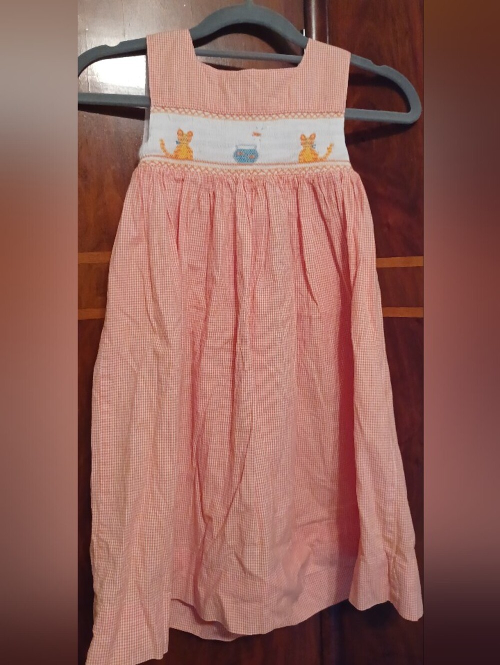 Orient Expressed Orange Gingham Smocked Sundress with Cat & Fish Motif 6